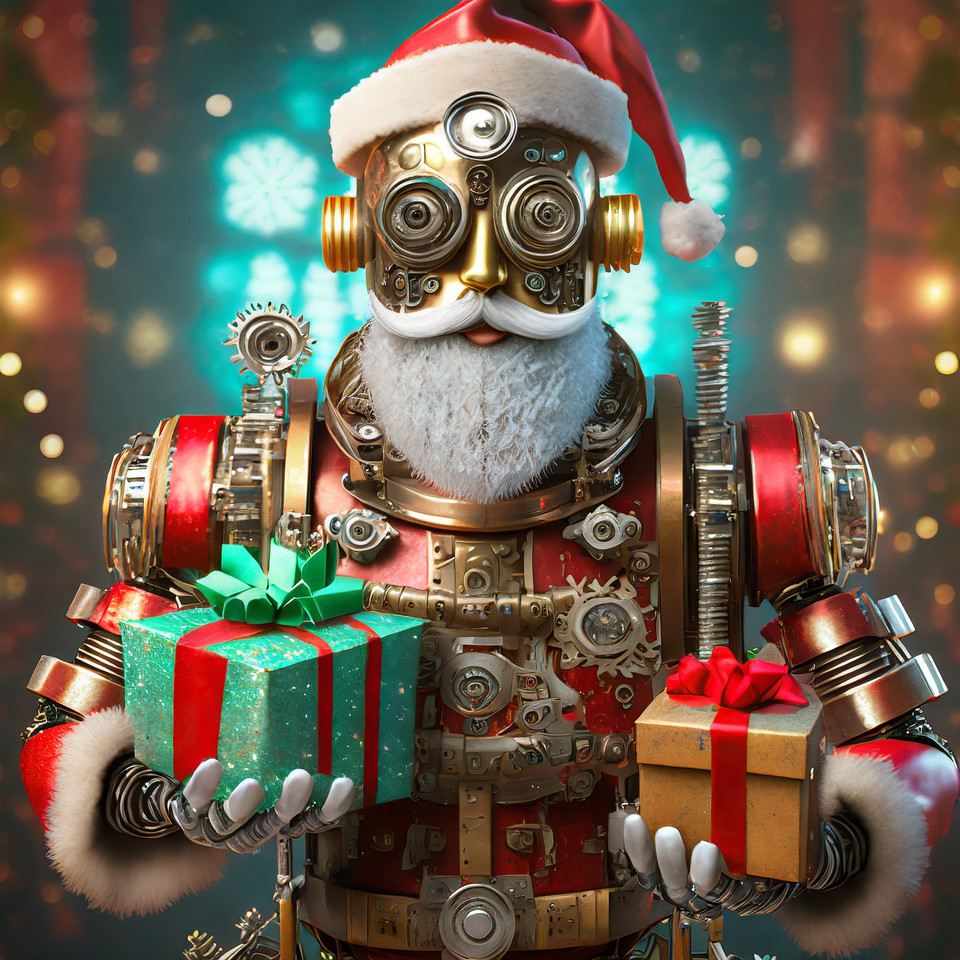 Robot Santa Claus with beard built from screws, nuts and other tools, who hands out colorful presents.