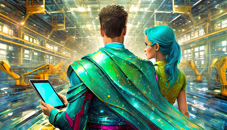 turquoise superhero and superheroine with turquoise hair and cape with ipad, from behind in a large warehouse