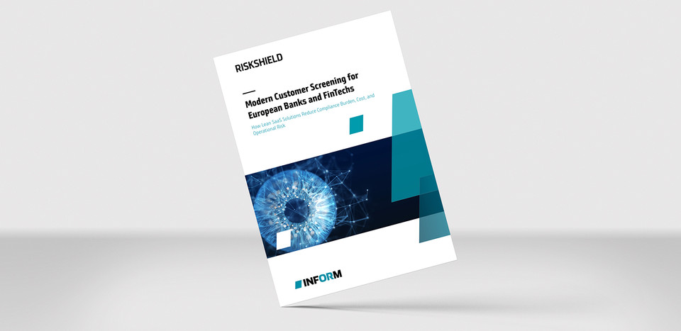 Paper cover mockup for RiskShield Customer Screening SaaS showing simple screening for small and mid sized banks and FinTechs