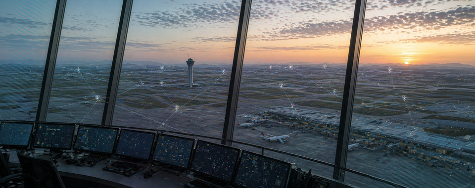 Leitstand mit Monitoren und Blick auf einen Flughafen, visualisiert mit Network Intelligence und vernetzten Datenpunkten