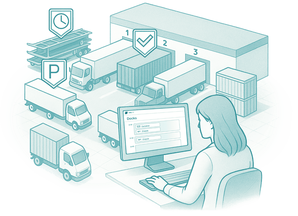 Warehouse logistics management: employee using software to optimize dock scheduling and vehicle operations.