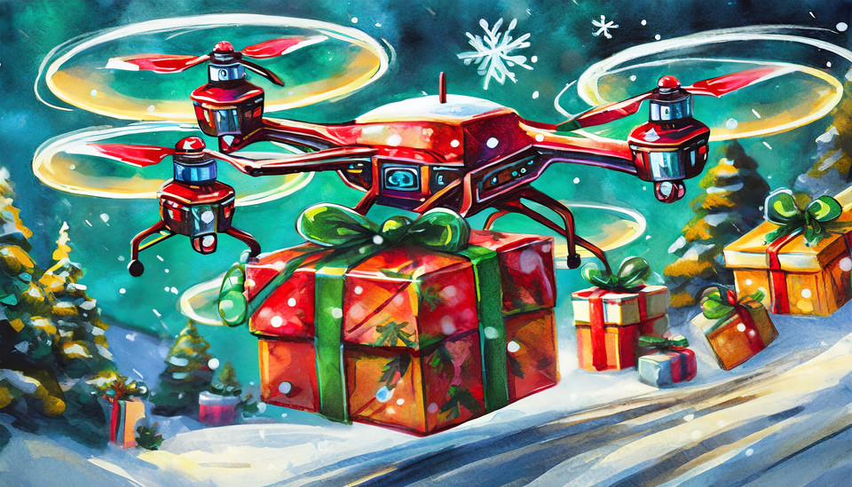 Christmas petrol-colored drones deliver presents. 
