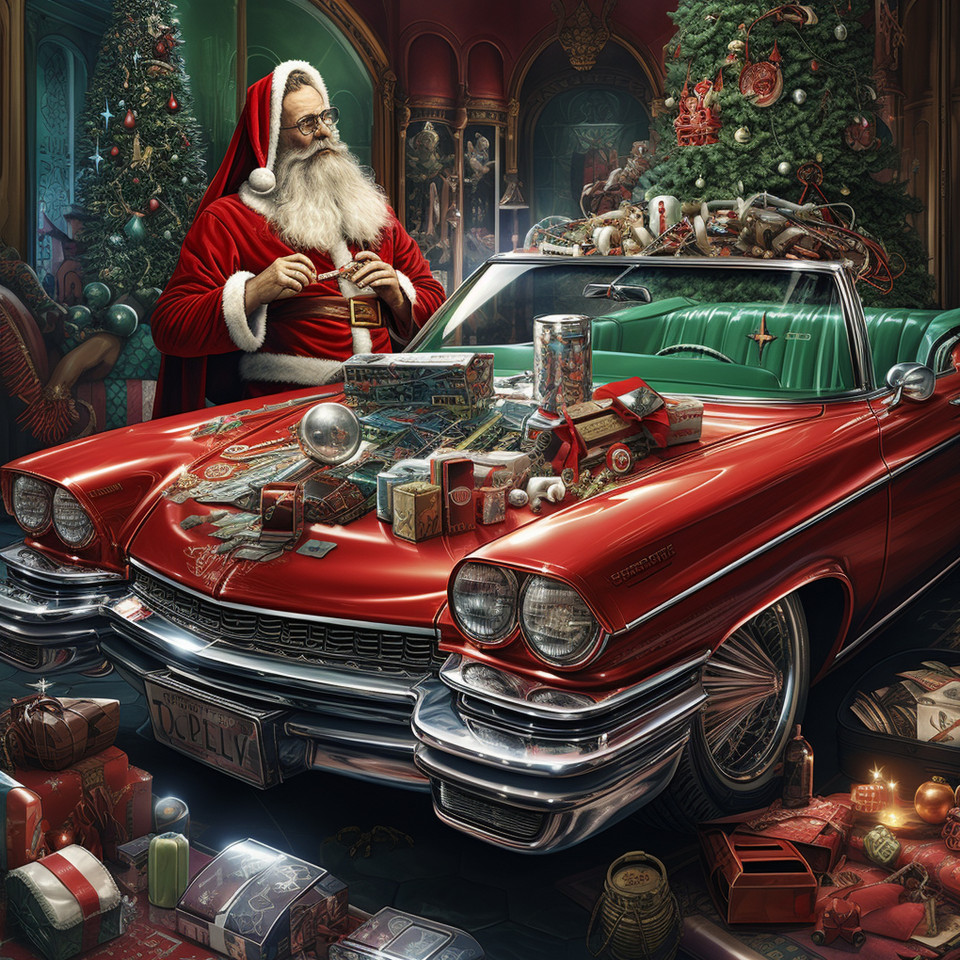 red cadillac with lots of chrome in which santa claus sits counting his money sorting credit cards and with green goblins and angel wings in christmas setting
