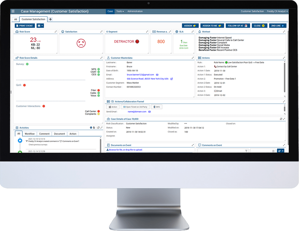 RiskShield Score ’n Act dashboard displaying real-time customer satisfaction scores and actionable insights for telecoms