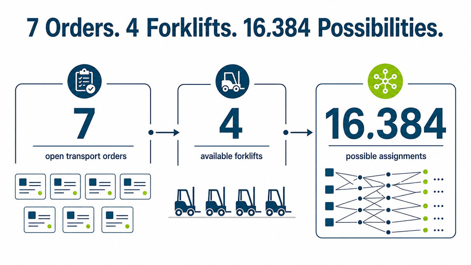 Graphic: 7 transport orders and 4 forklifts result in 16,384 possible assignments.