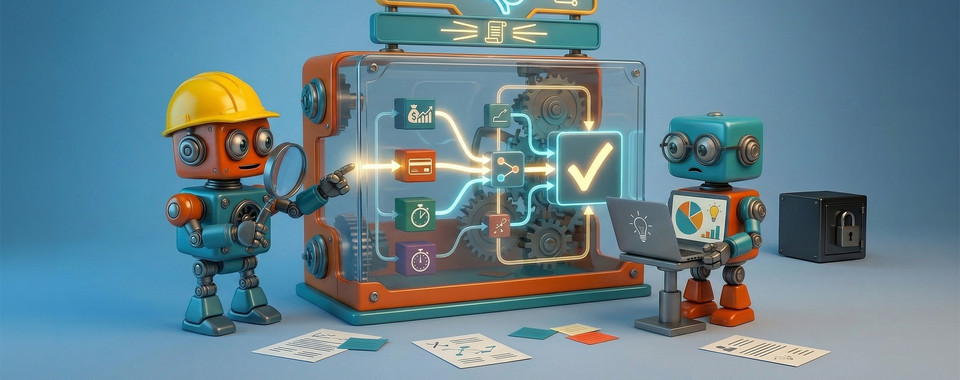 Zwei Roboter betrachten eine transparente KI mit sichtbaren Entscheidungsprozessen