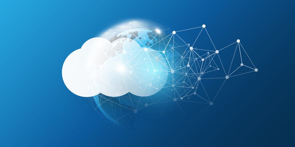 Grafik eines digitalen Wolkenspeichers mit binären Daten und Schaltkreis-Design auf einem blauen Hintergrund.