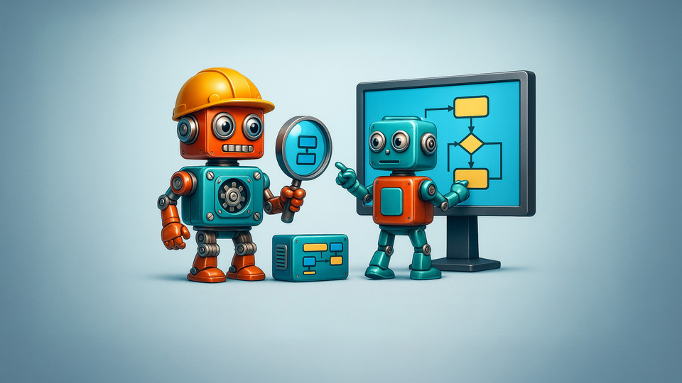 Zwei bunte Roboter mit Bauhelm und Lupe, die an einem Computerdiagramm arbeiten und Lösungen analysieren.