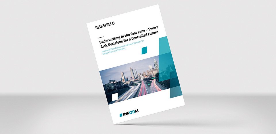 RiskShield paper cover showing city skyline and light trails symbolizing speed, control, and AI-powered underwriting.