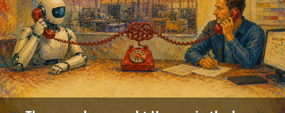 Ein Roboter und ein Mann telefonieren miteinander in einem modernen Büro, symbolisieren Kommunikation und Technologie.