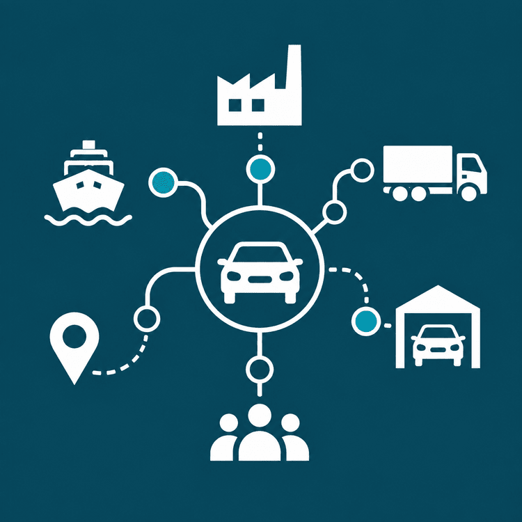 Visual representation of car logistics connecting shipping, manufacturing, and storage solutions.