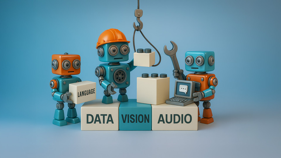 Bunte Roboter, die mit Blöcken für Sprache, Daten, Vision und Audio spielen, vor blauem Hintergrund.