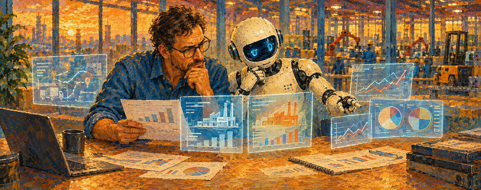 Man conversing with a robot in a factory setting, highlighting human-robot interaction and technology.