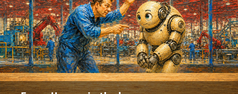 A person is explaining something to a robot in a factory hall, with machines in the background.