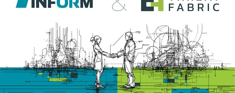 Graphic with the logos of INFORM and ThreatFabric, symbolizing their partnership. Two figures shake hands, with the caption “Proudly endorsed by: Rabobank” below.
