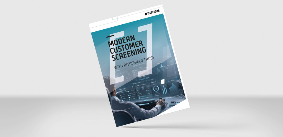 Paper cover mockup for RiskShield Customer Screening SaaS showing simple screening for small and mid sized banks and FinTechs