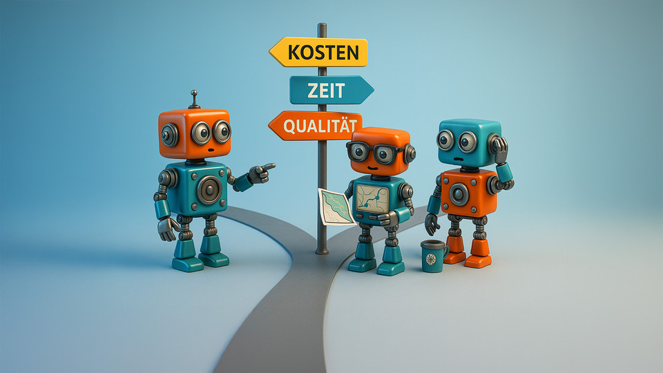 Drei bunte Roboter diskutieren an einer Wegweisung zu Kosten, Zeit und Qualität.