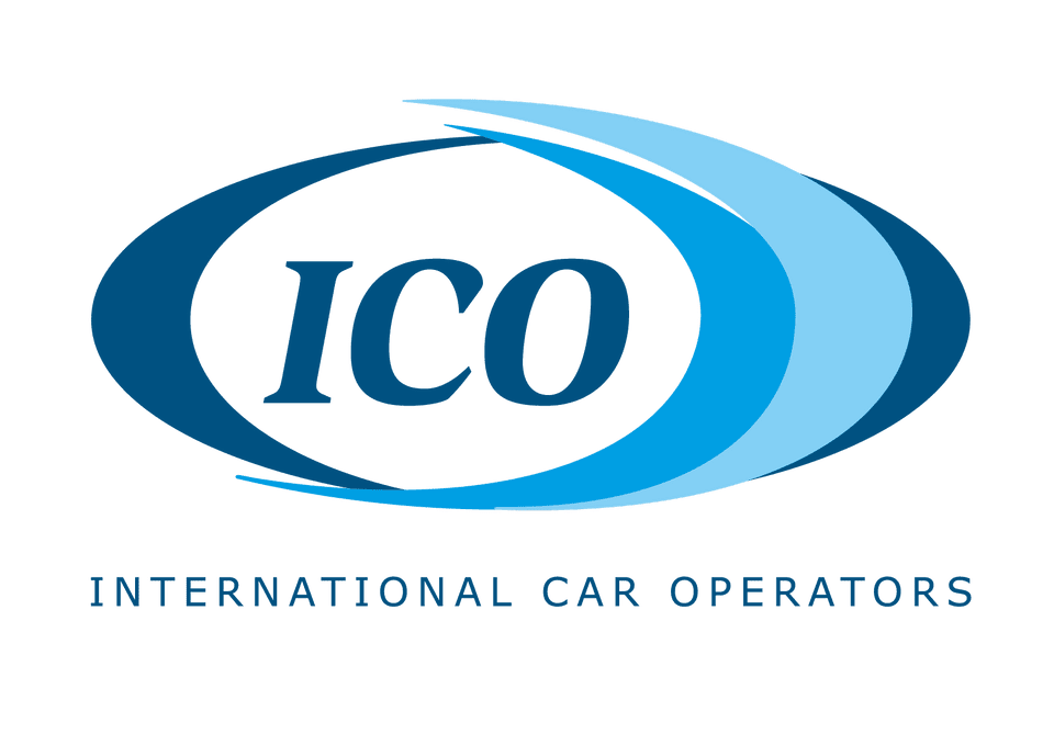 Logo der ICO (International Car Operators) für globale Autofahrer-Dienstleistungen in blauem Design.