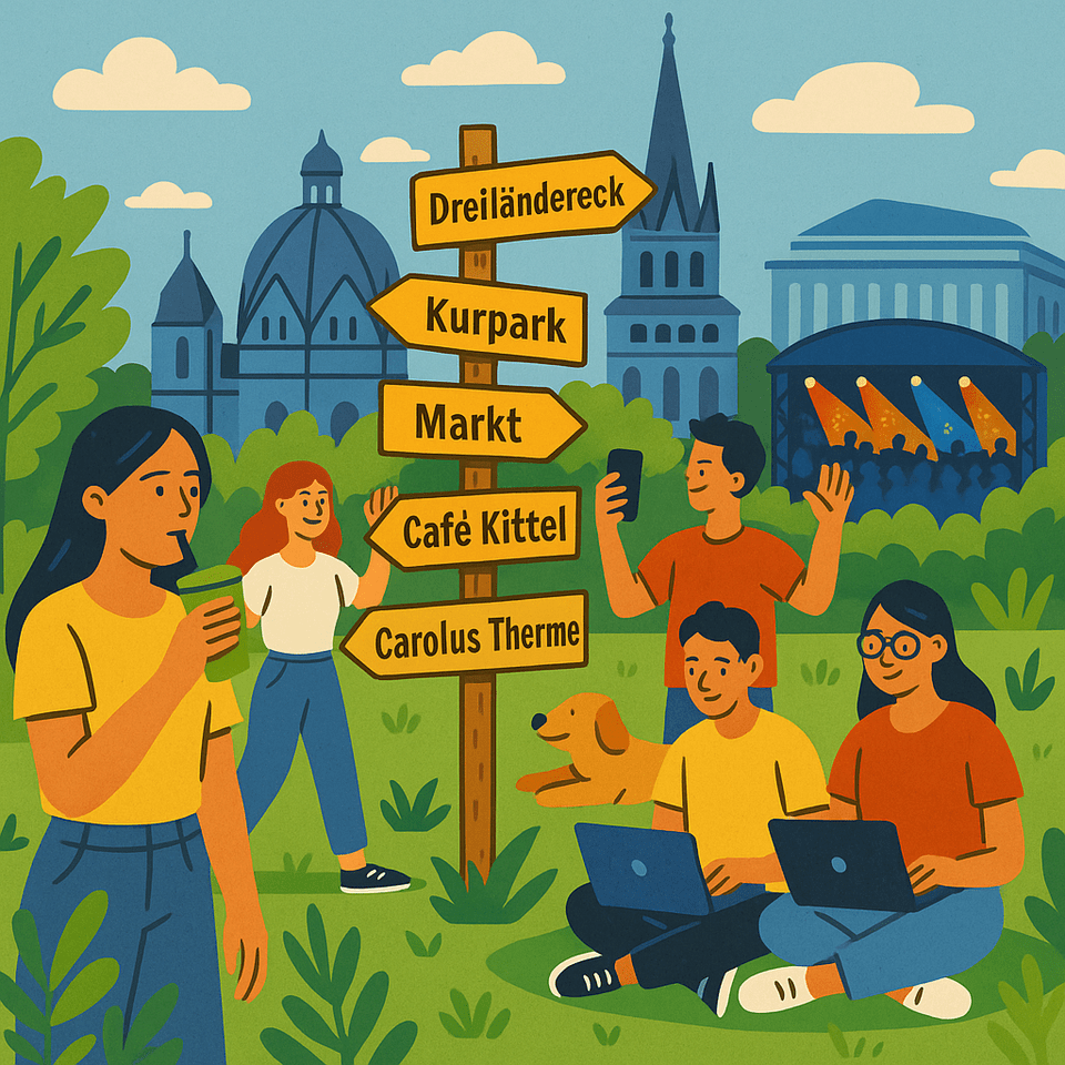Eine mittels KI erstellte Illustration zeigt Personen auf einer Wiese sitzend, daneben ein Wegweiser mit Locations aus Aachen